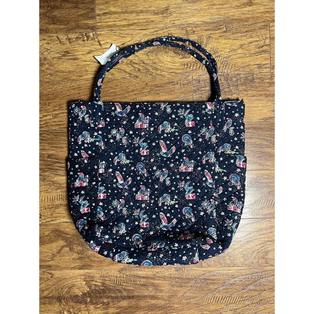 Vera Bradley Iconic Bright Tote in Holiday Owls Navy Background RETIRED NEW